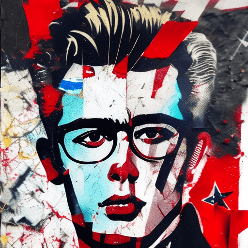 AI generated: Ultra detailed medium portrait painting, James Dean, torn up american flag background, punk visual a...