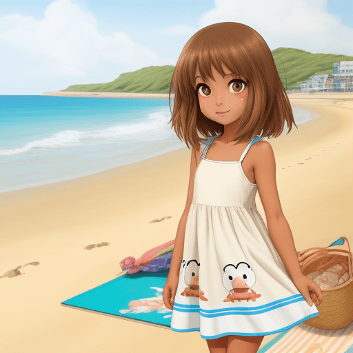 AI generated: cartoon girl in a summer dress tanned on the seashore