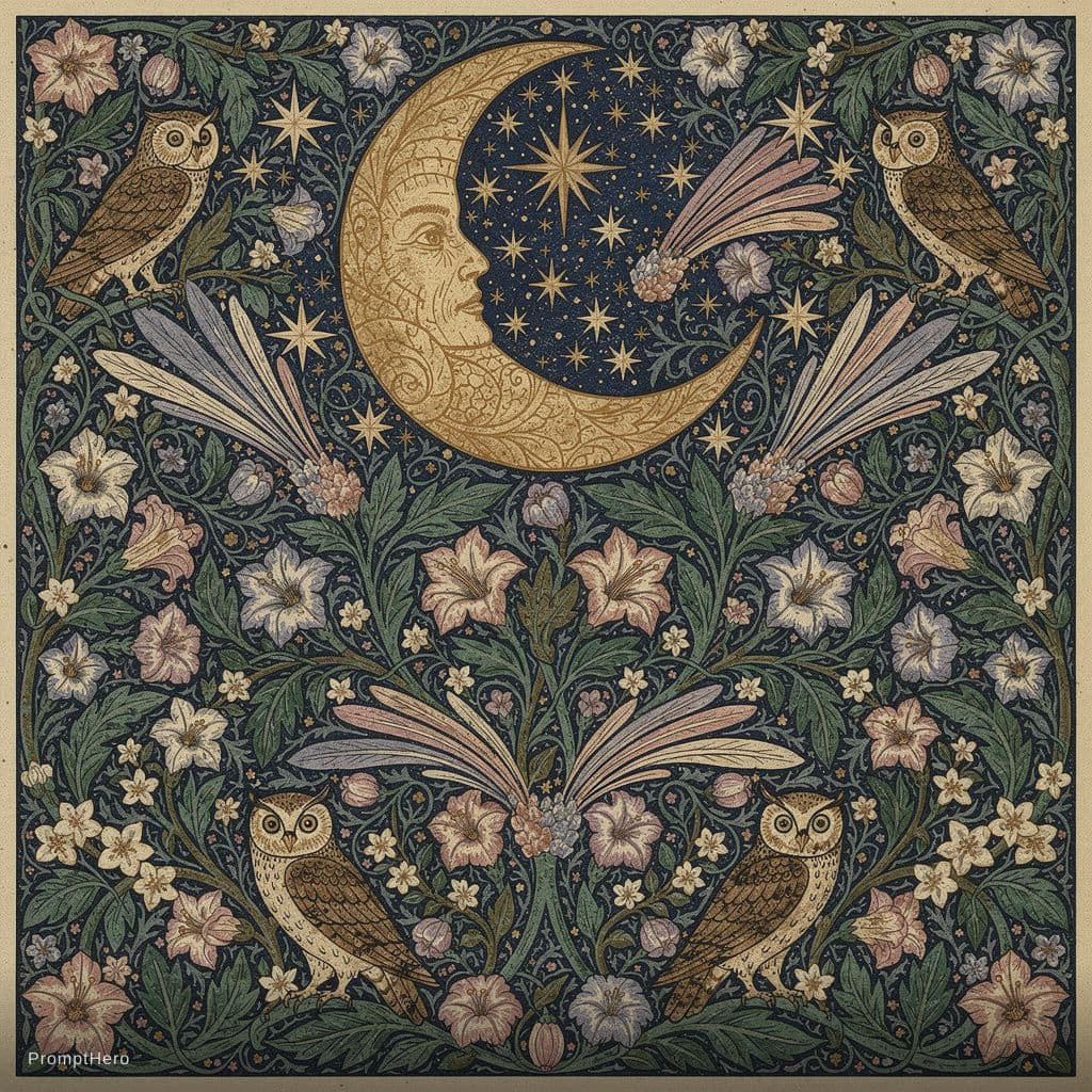 AI generated: A highly intricate William Morris pattern design featuring a celestial nightscape, stylized golden c...
