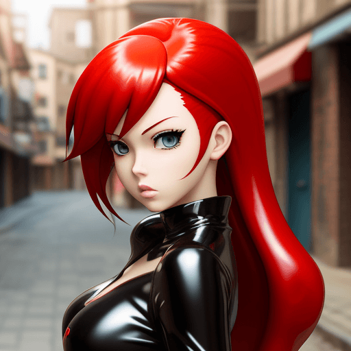 AI generated: anime style, semi 3d style girl, close up, blurry street back ground, red hair, latex
