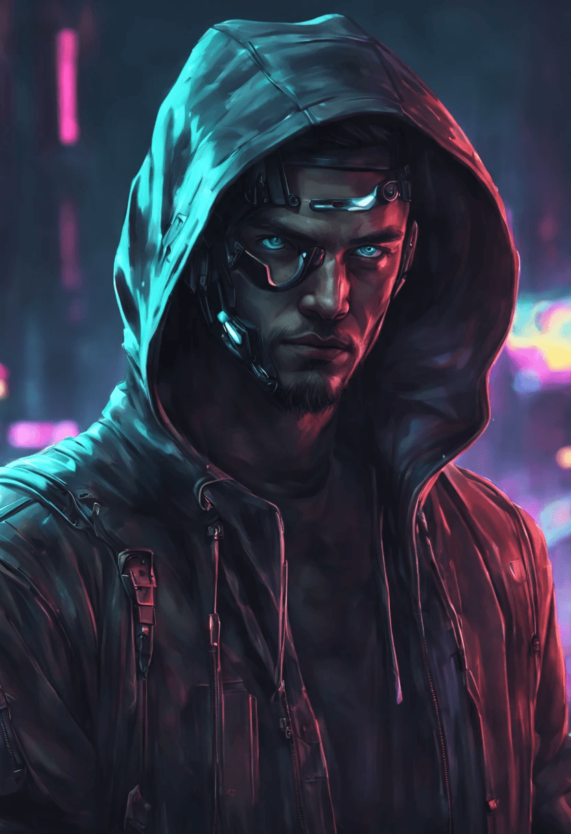 AI generated: Arafed man in hoodie with futuristic face, cyberpunk face, cyberpunk art style, cyberpunk hacker, cy...