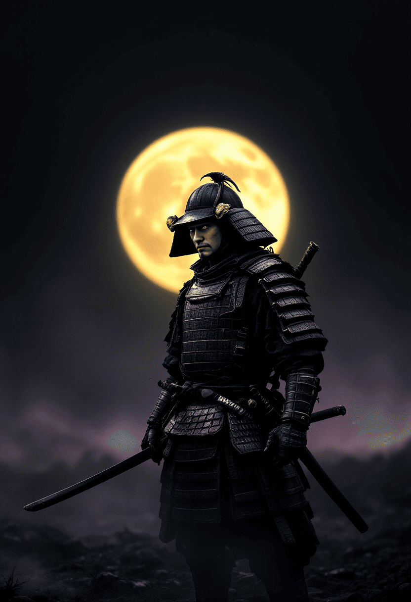 AI generated: ultra realistic traditional samurai warrior, 3/4 body, detailed worn japanese armor, rounded kabuto ...