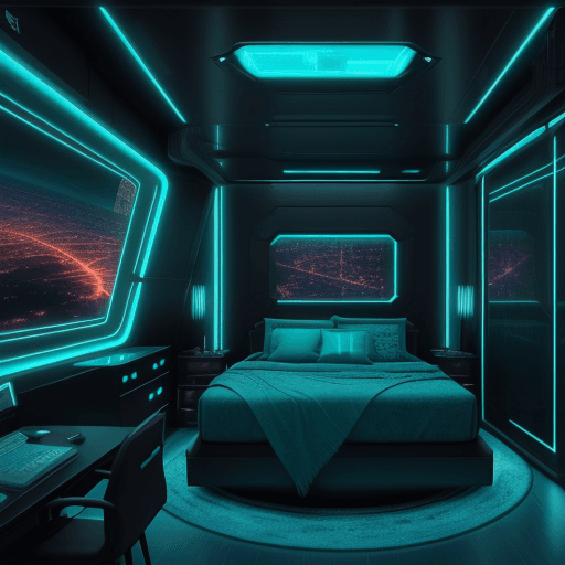 AI generated: TEAL Dark classy spaceship bedroom interior, cyberPREP city view, HYPER-DETAILED, HYPER INTRICATE, H...
