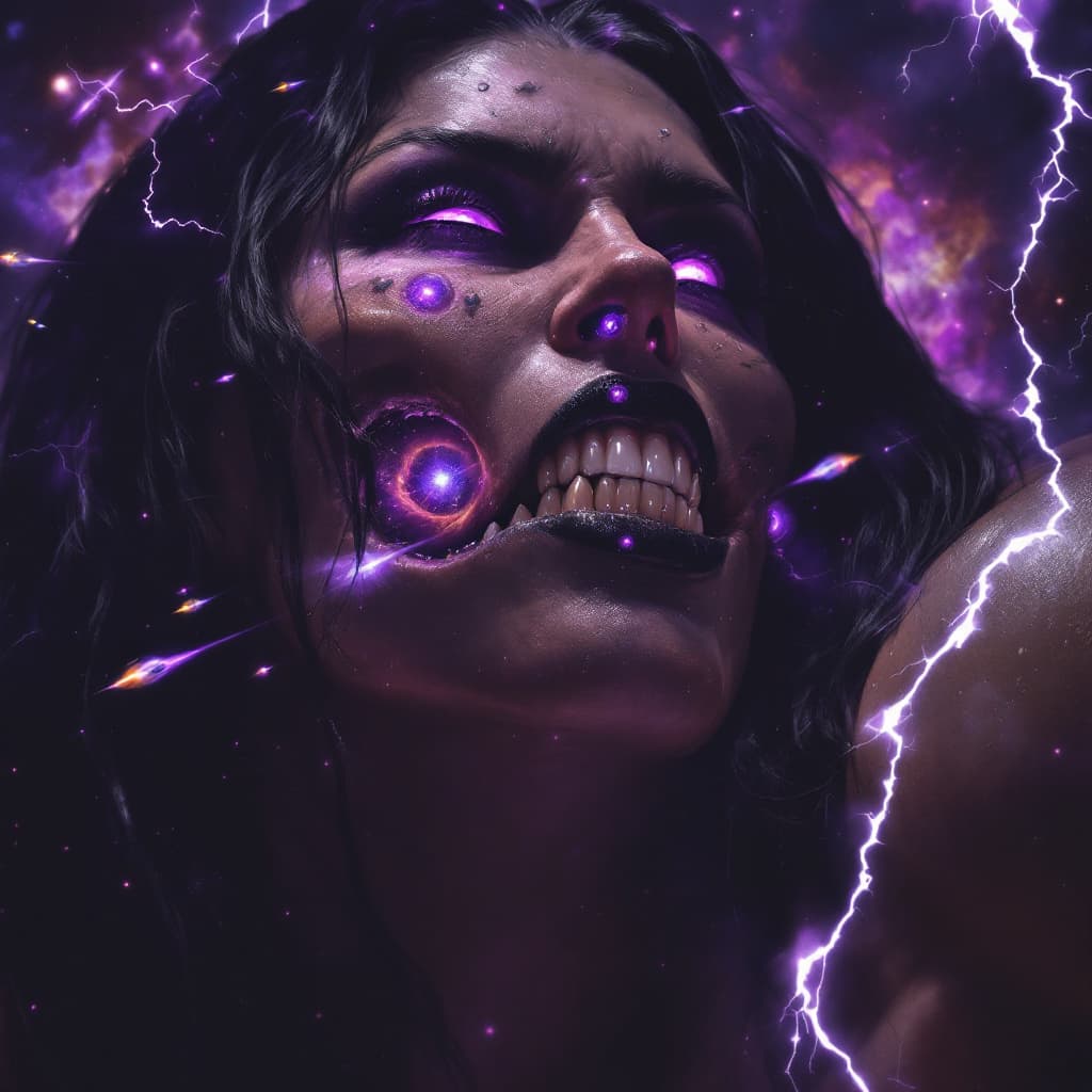 AI generated: enormous giantess Rhea Ripley  from WWE
bigger than a galaxy floating in space, minuscule galaxies i...