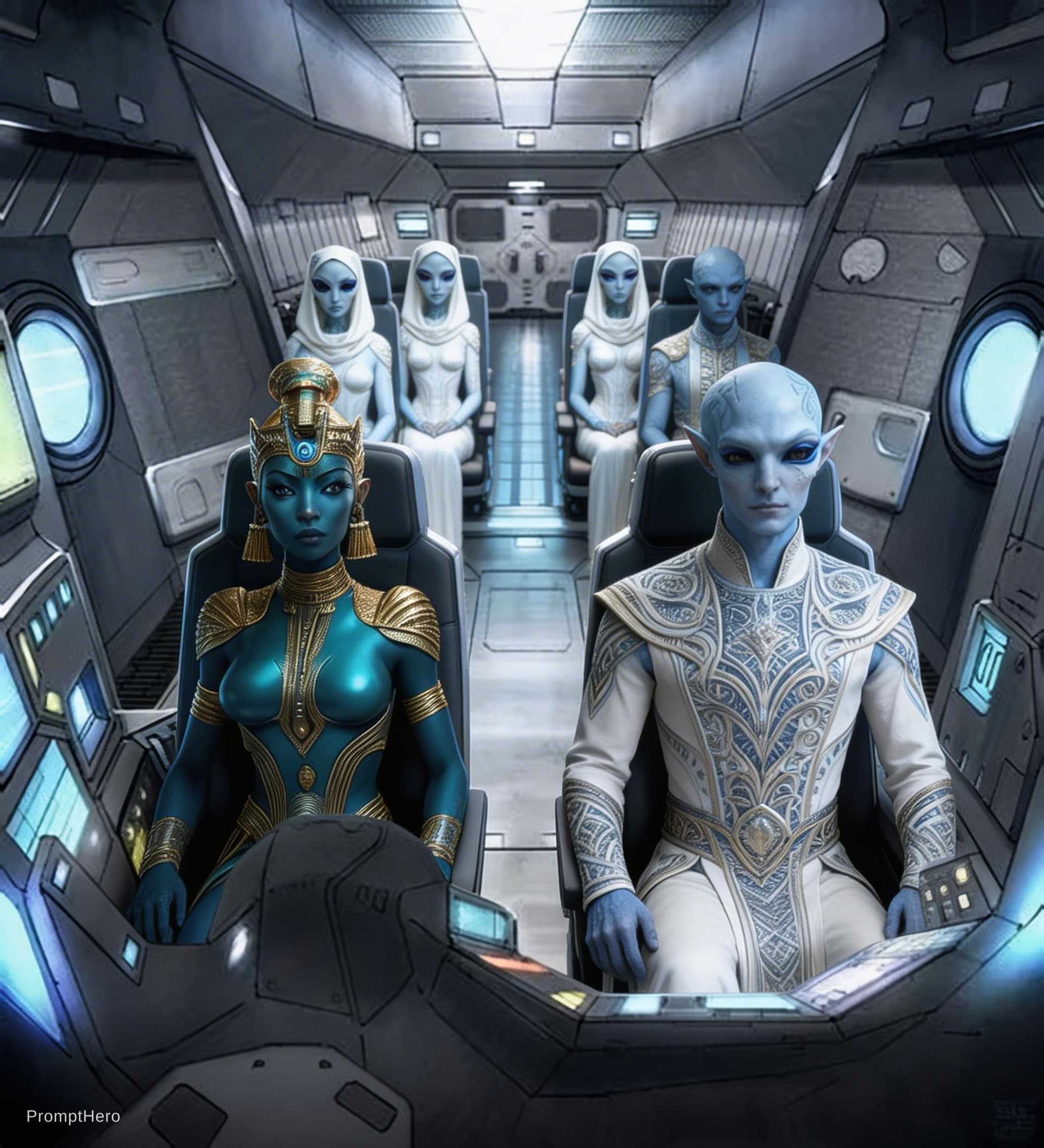 AI generated: Sci-Fi scene. Place the blue alien in the left seat of the cockpit. Place one of the male aliens fro...