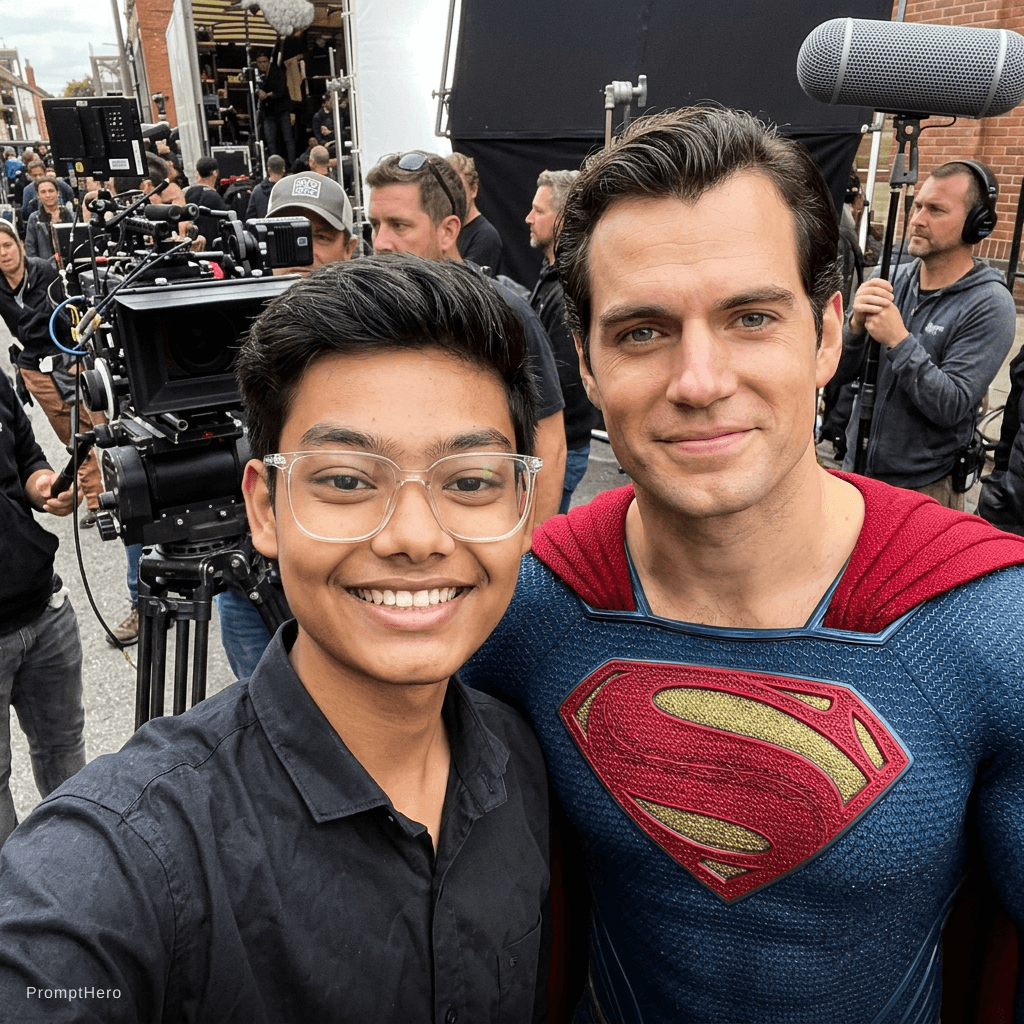 AI generated: With henry cavil at the set of batman
