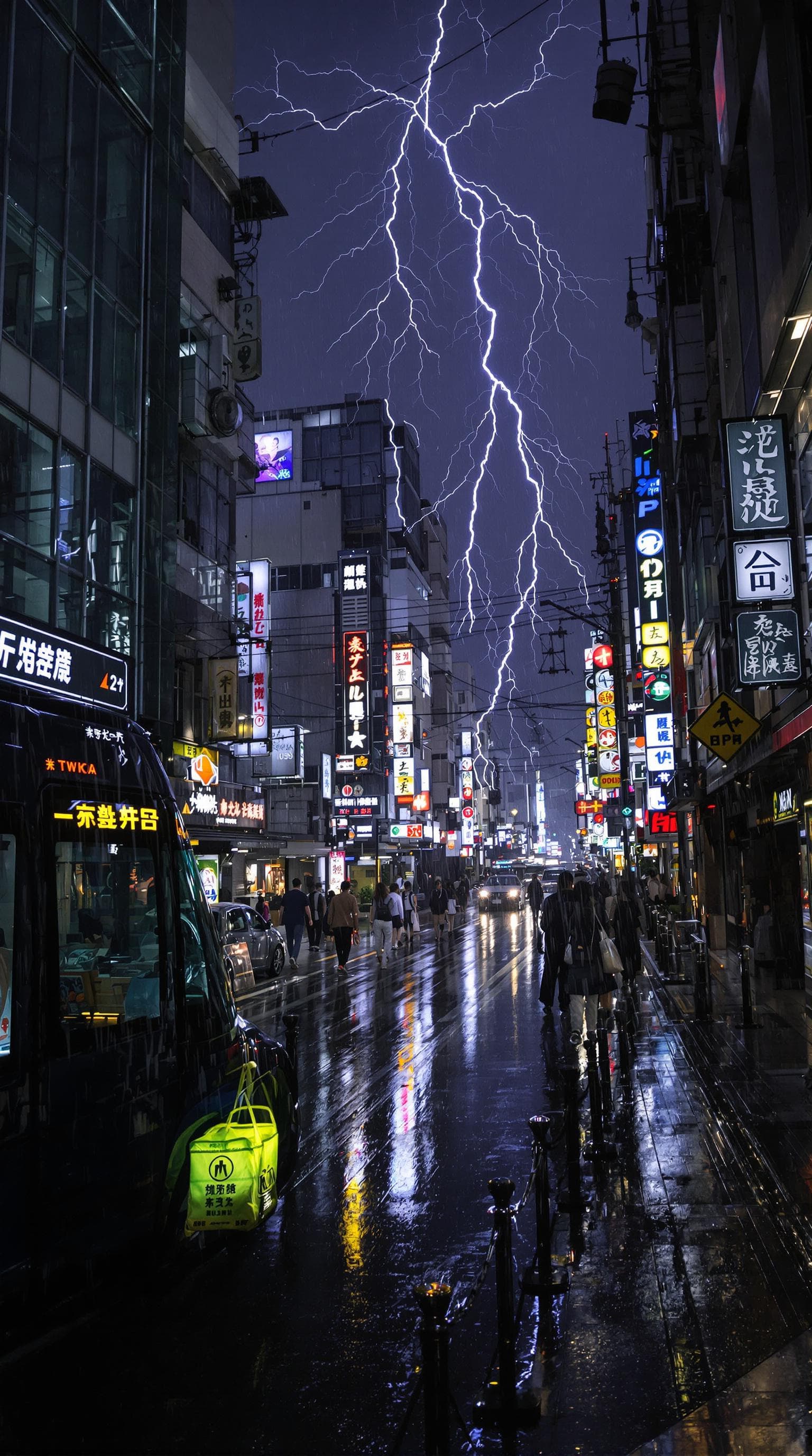 AI generated: a street in Tokyo at night in the rain where lightning is striking. Back shot. wet ground, reflectio...