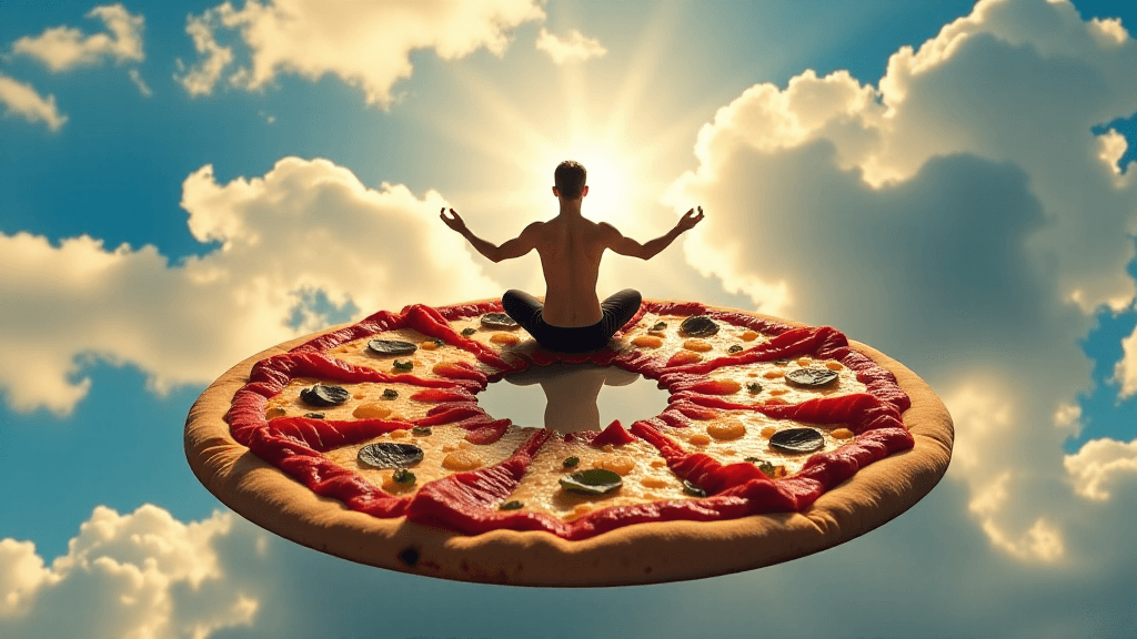 AI generated: A serene, zen-like image. A person is sitting in a meditation pose, levitating peacefully. Below the...