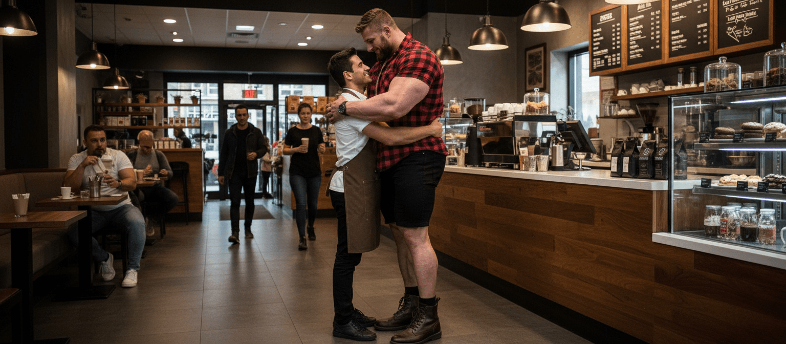 AI generated:  At a coffee shop the bodybuilder is 6'4" tall, he has muscular shoulders and super extra huge muscu...