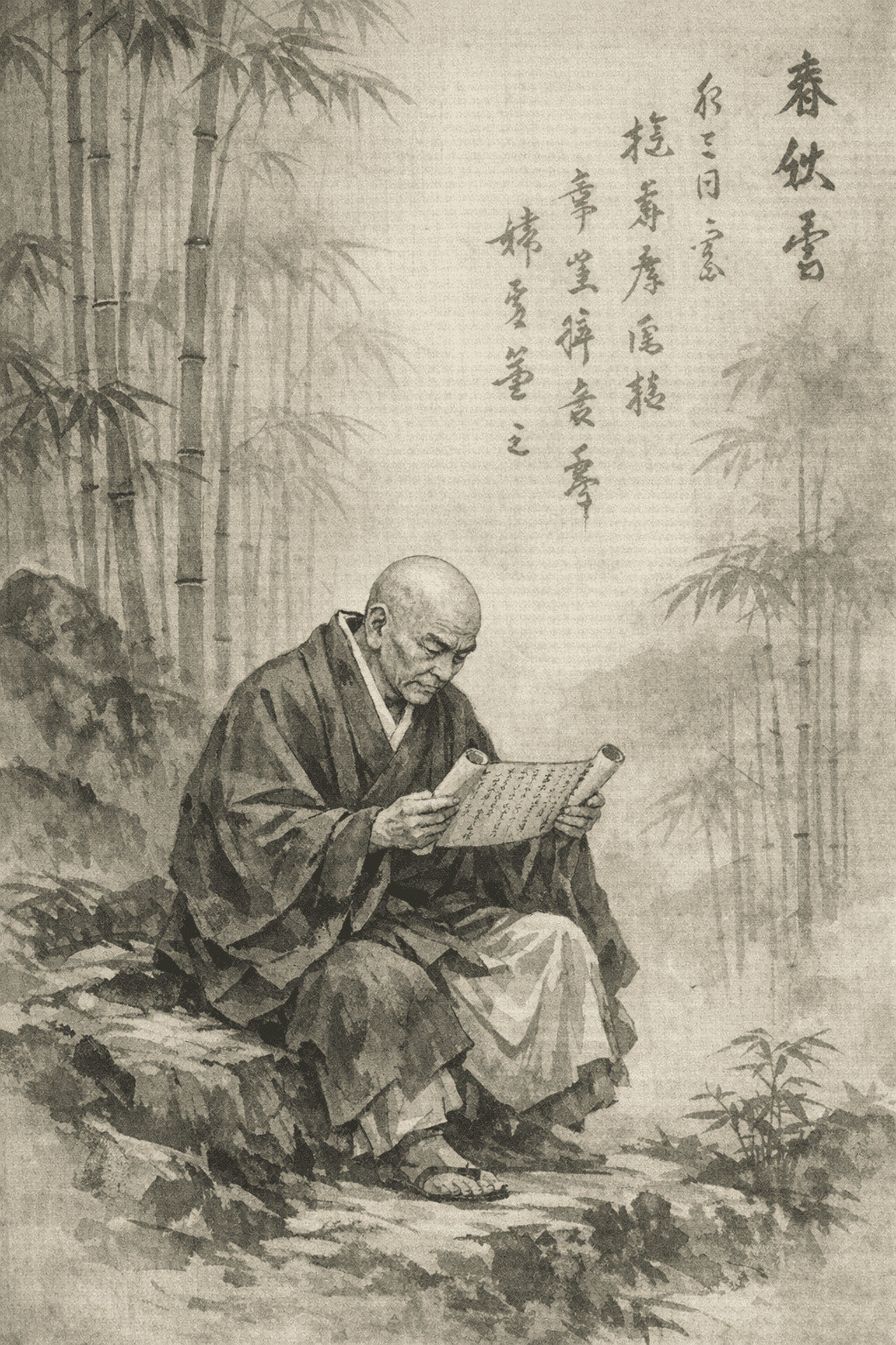 AI generated: Prompt: Full-body portrait of an ancient Oshō reading a weathered prayer scroll. He sits on a rock i...