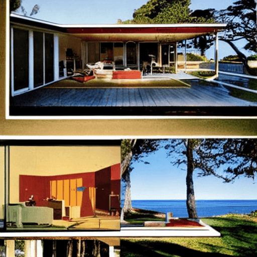 AI generated: Hyper realistic eye level exterior photo of a mid century modern style house overlooking the ocean, ...