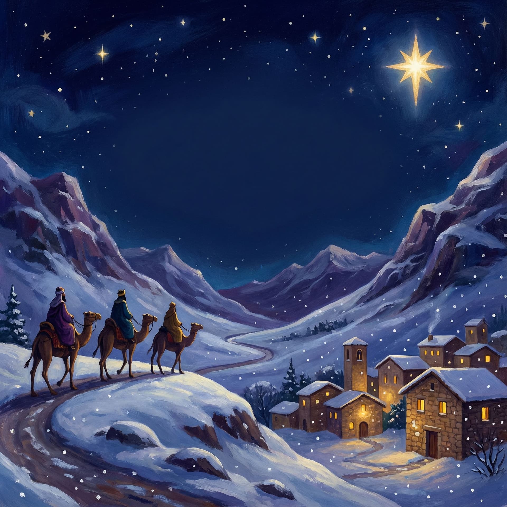 AI generated: A magical, painterly illustration of a snowy winter landscape in the mountains of Cantabria, Spain. ...