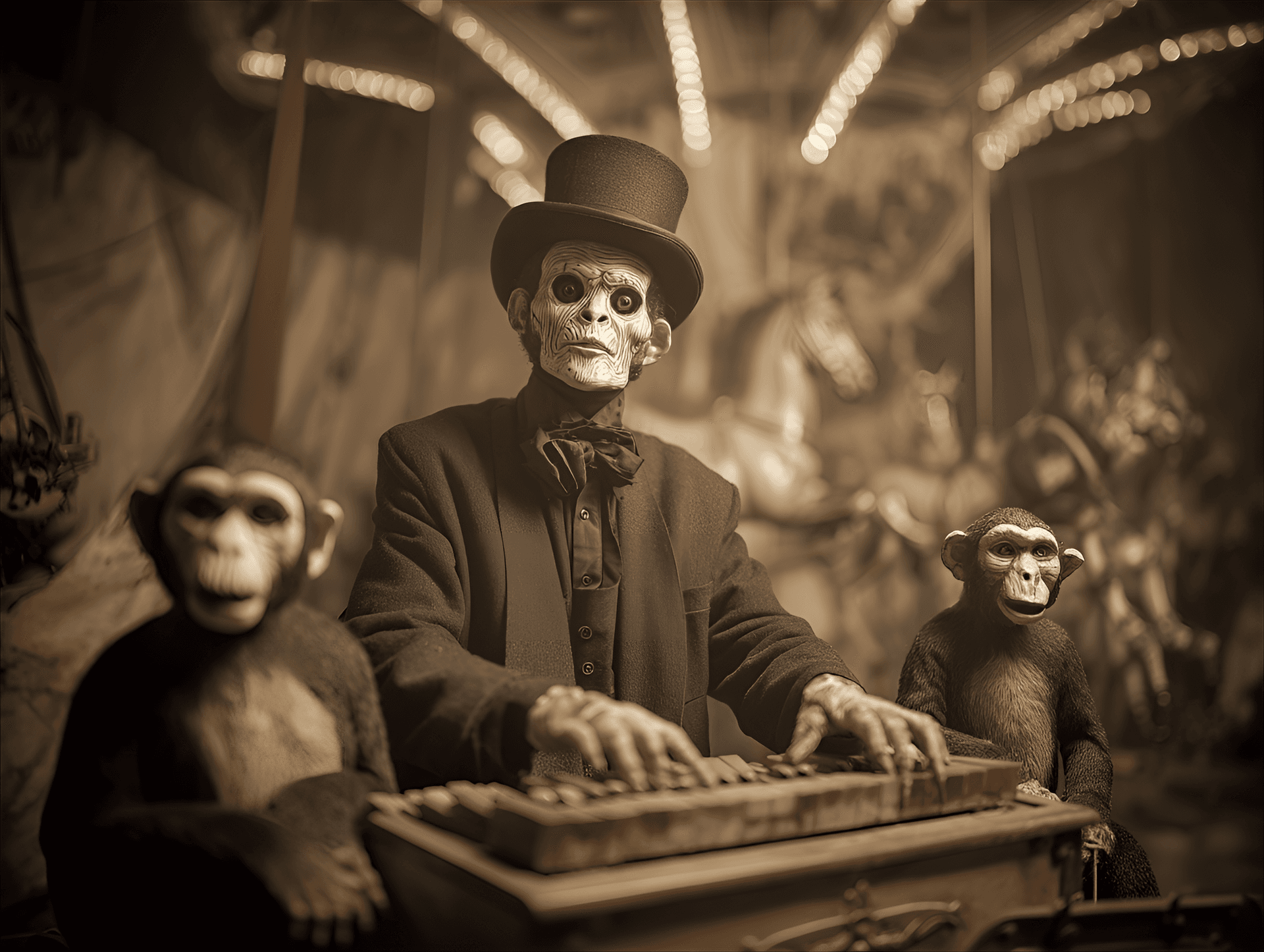 AI generated: Old  carnival set in the 1920s, phantom organ grinder with spectral monkeys, sepia tones
