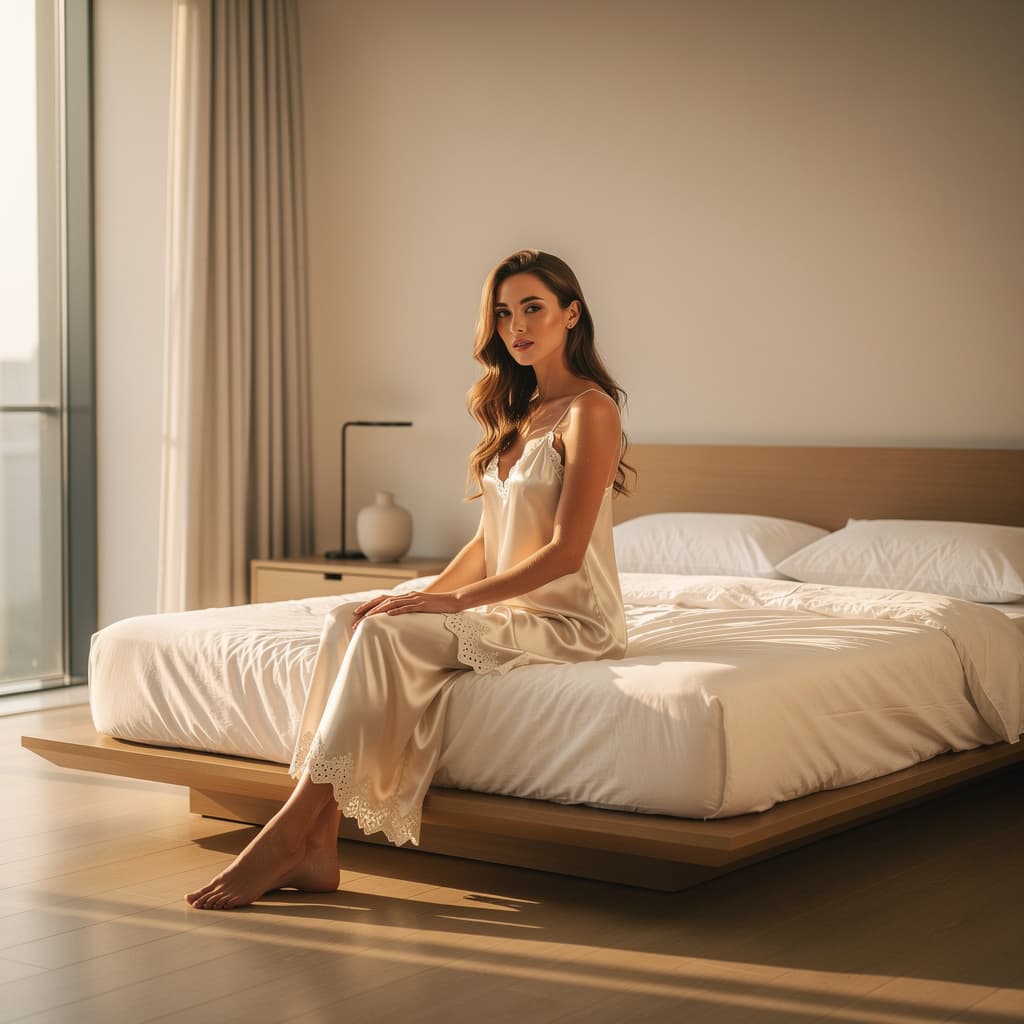 AI generated: In a tranquil minimalist bedroom, a poised woman sits on a low modern platform bed, serene and self ...