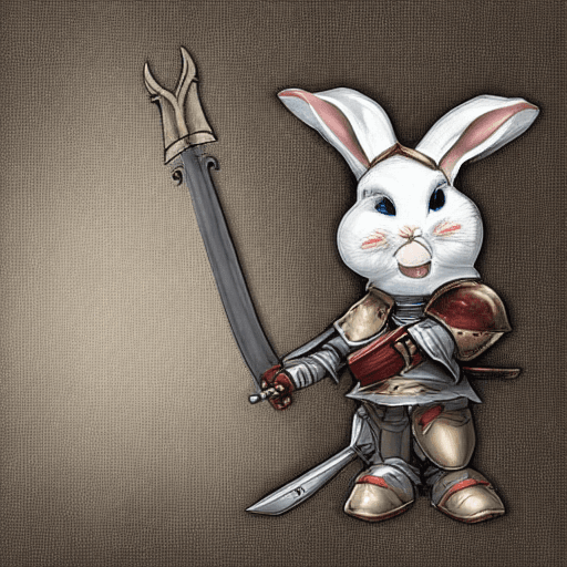 AI generated: anthropomorphic cute bunny knight character, holding a sword --q 5 --ar 3:5 --q 2 --s 5000