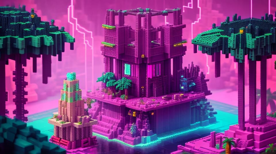 AI generated: voxel art| mix of an aztec and movie alien temple like structure| in an oasis in a tropical forest| ...