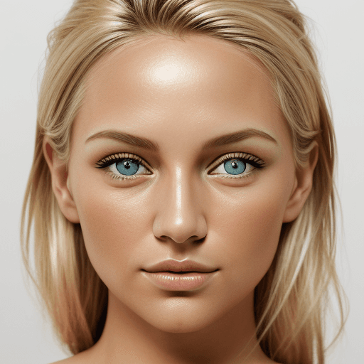 AI generated: a photo of a blonde woman, hazel green eyes, in the style of minimalist beauty, light bronze and bro...