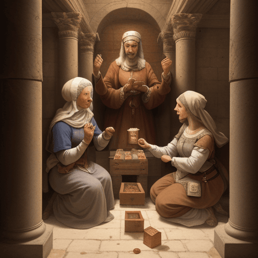 AI generated: Renaissance painting of elderly Jewish woman with a head covering in an ancient Jewish temple placin...