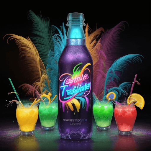 AI generated: Colorful drink RELASTIC bottle, skittles tropical, tornado, vibrant blue red purple orange yellow gr...