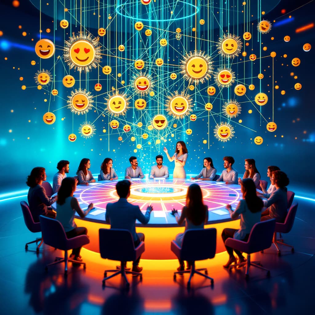 AI generated: /imagine prompt: Floating digital roundtable in cyberspace, 12 avatar participants with real-time em...