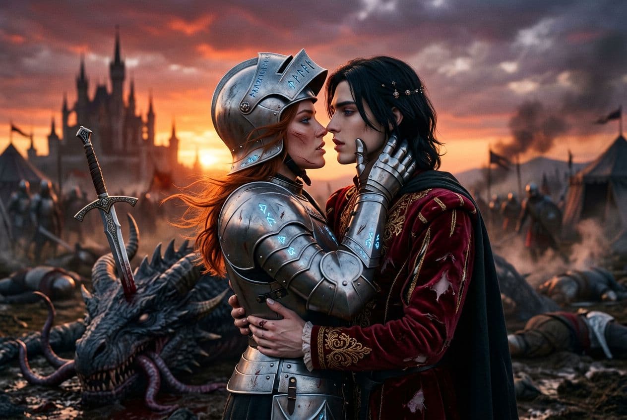 AI generated: A breathtakingly beautiful female knight with fierce determination and windswept auburn hair spillin...