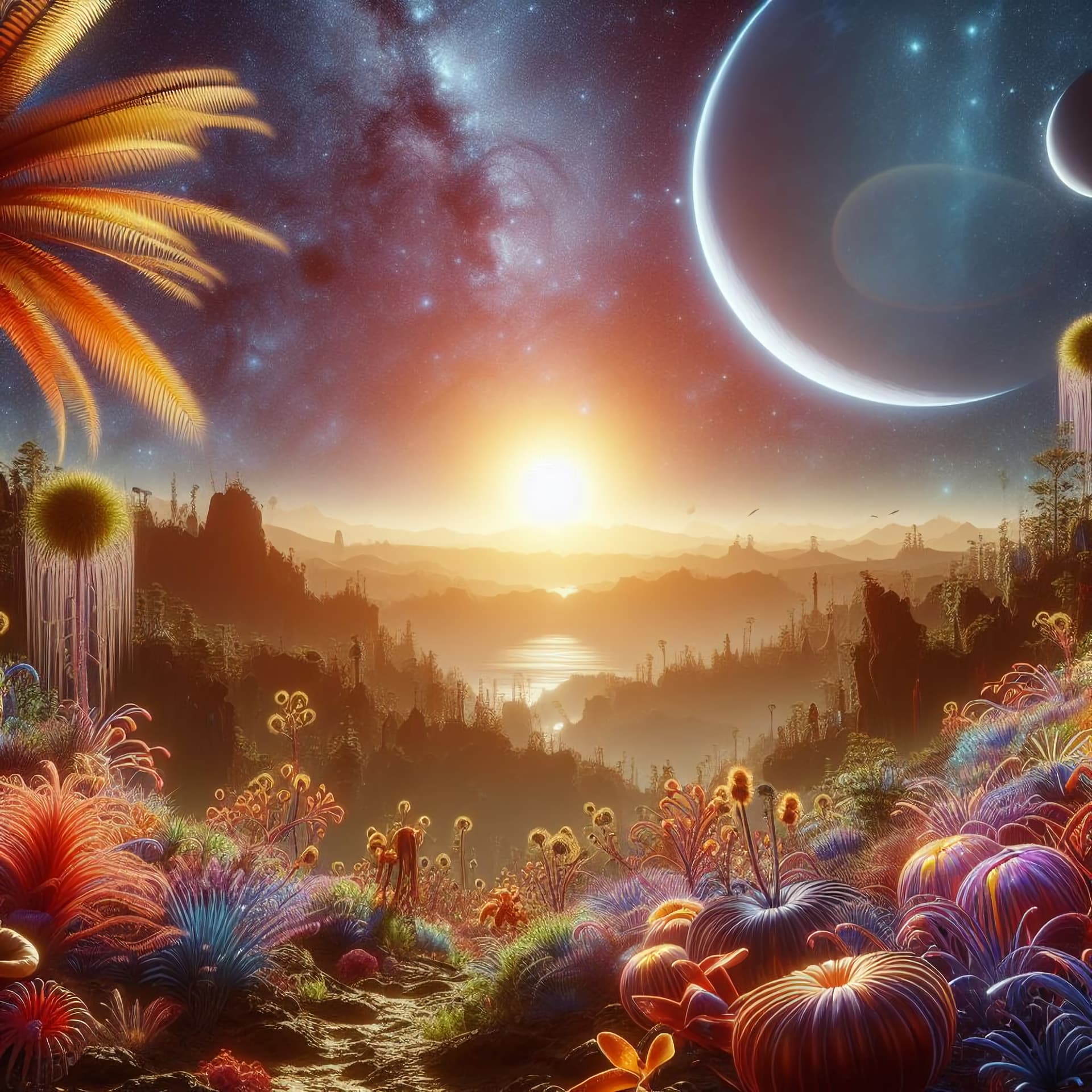 AI generated: a stunning 4K photo of an alien landscape, with ultra-realistic details of exotic flora and fauna ag...