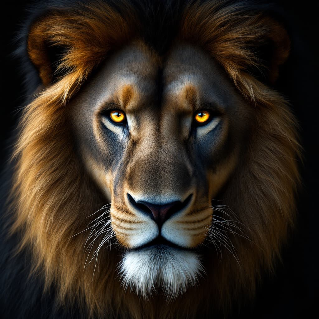AI generated: large lion with black mane and golden eyes