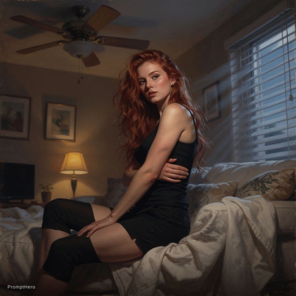 AI generated: A woman with long, tousled red hair cascading in loose waves over her shoulders lies sprawled across...
