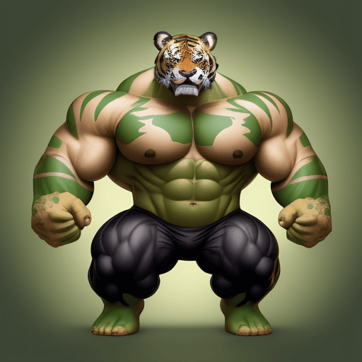 AI generated: Puppy tiger with hulk costume , elegant computer geek, chibi and real style, masterpiece, realistic ...