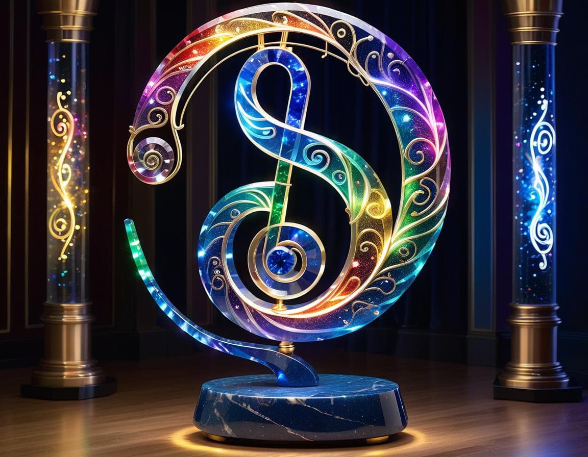 AI generated: A statue styled as a sapphire and marble musical note and made of glowing musical rainbow spiraling ...