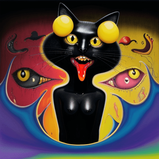 AI generated: A black cat with yellow eyes and glowing teeth, in the style of David Wiesner, John Brack, Robert Ra...