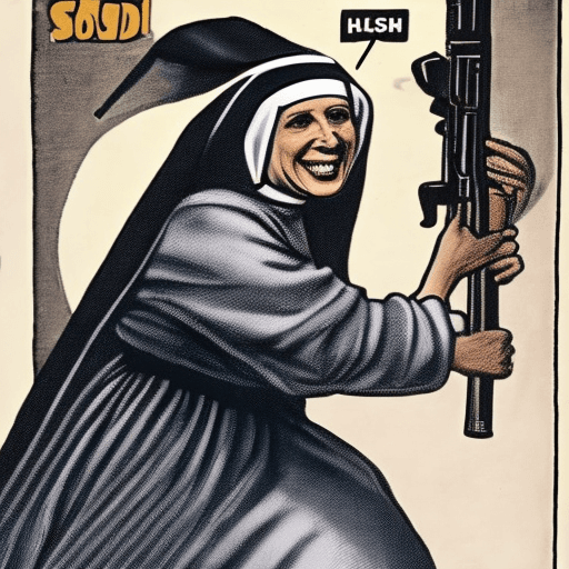AI generated: A picture of a nun jumping a giant gun, she smiles too much, like a crazy woman