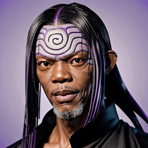 AI generated: Orochimaru from naruto with the face of Samuel L. Jackson smiling. Purple background