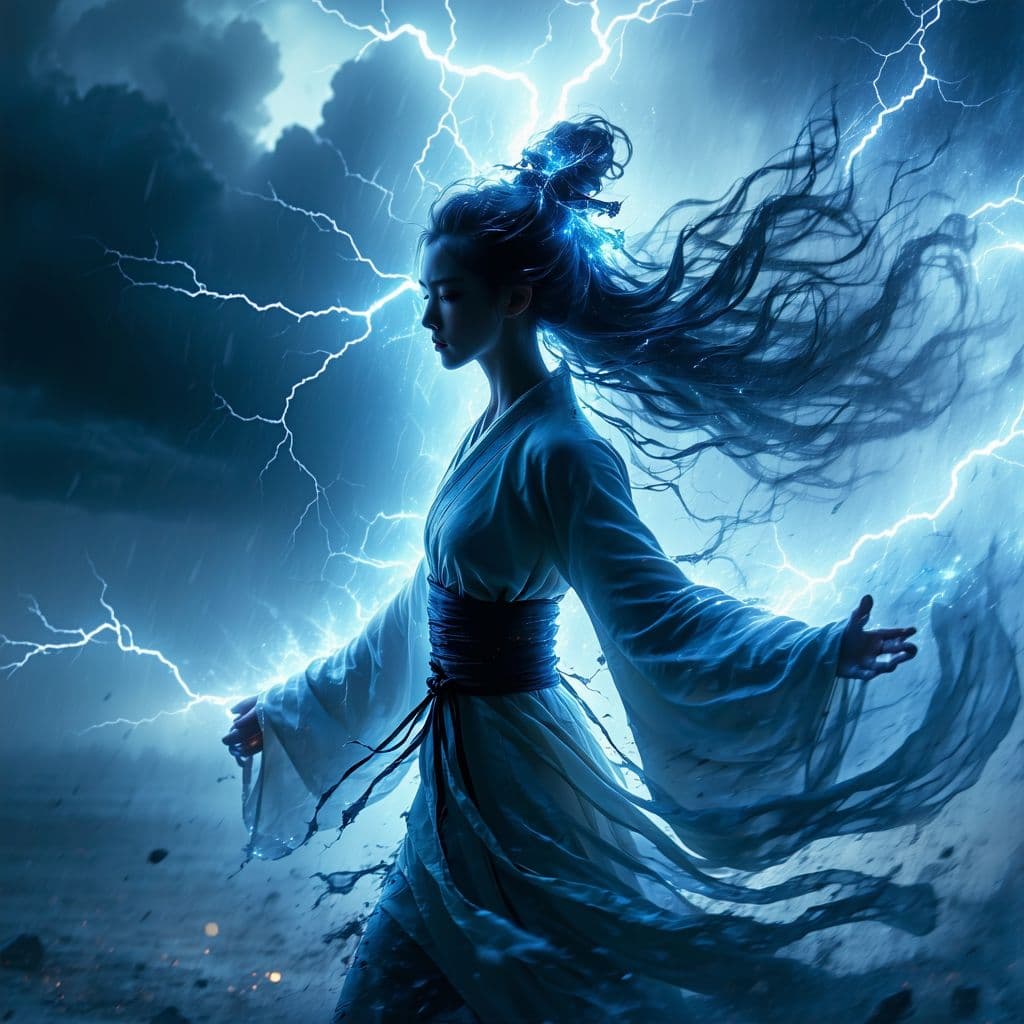 AI generated: A powerful storm charmer, where her form becomes a part of the storm itself and her clothing flows a...