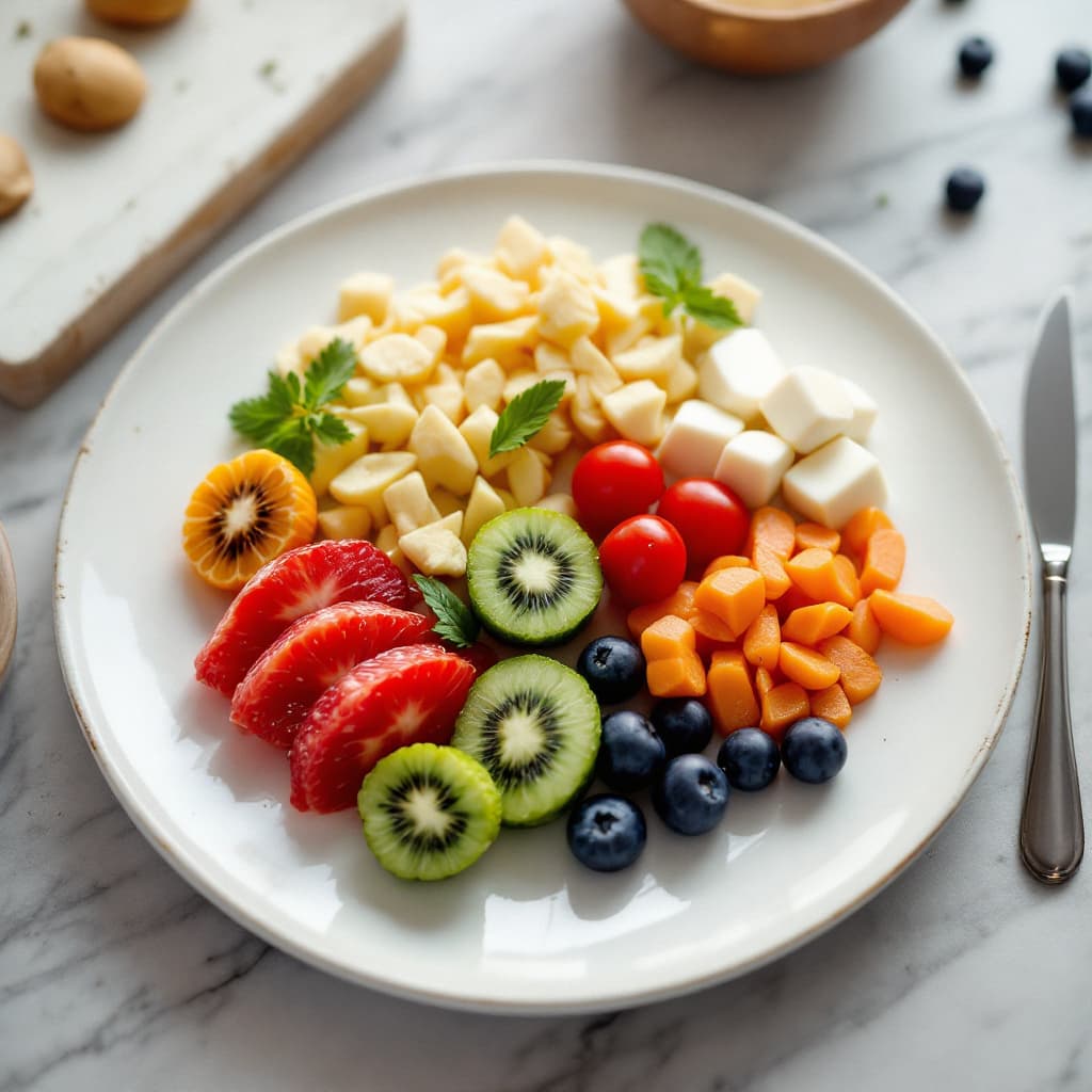 AI generated: A balanced plate with labeled nutrients dslr, ultra quality, sharp focus, tack sharp, dof, film grai...