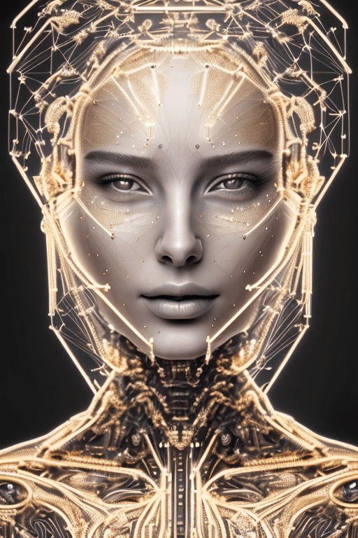 AI generated: masterpiece portrait fashion sci-fi photograph of an extremely beautiful half woman half robot, fron...