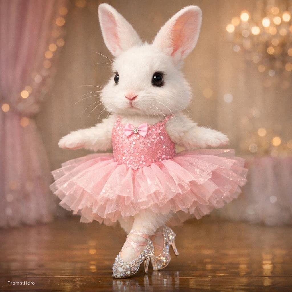 AI generated: A white rabbit with a pink dancing dress and crystal shoes