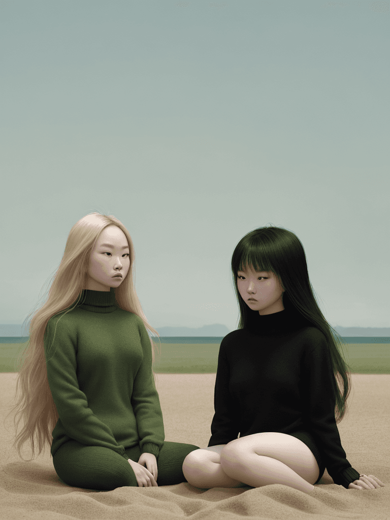 AI generated: a couple of women sitting on beach sand, inspired by Ren Hang, tumblr, standing in grassy field, bla...