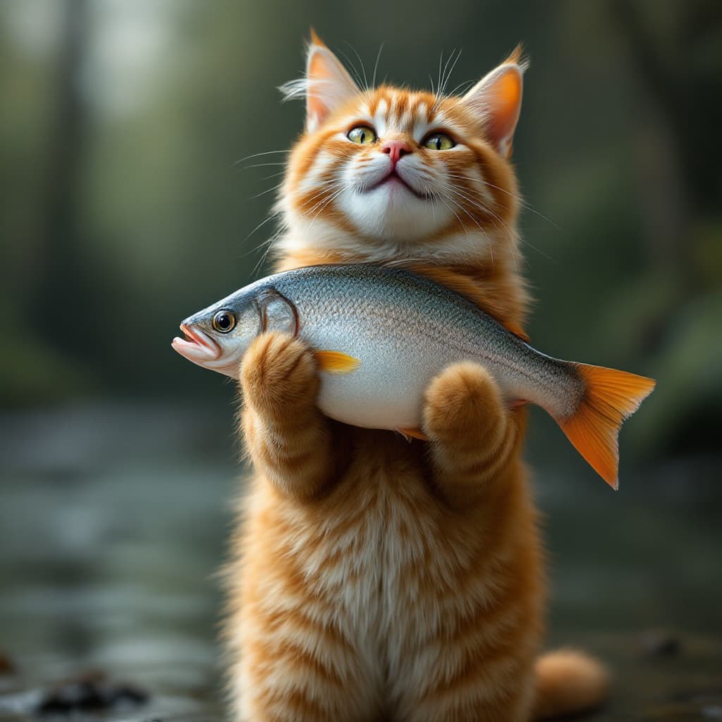 AI generated: The cat stands on its hind legs and holds a large fish on its chest with its front paws and smiles, ...