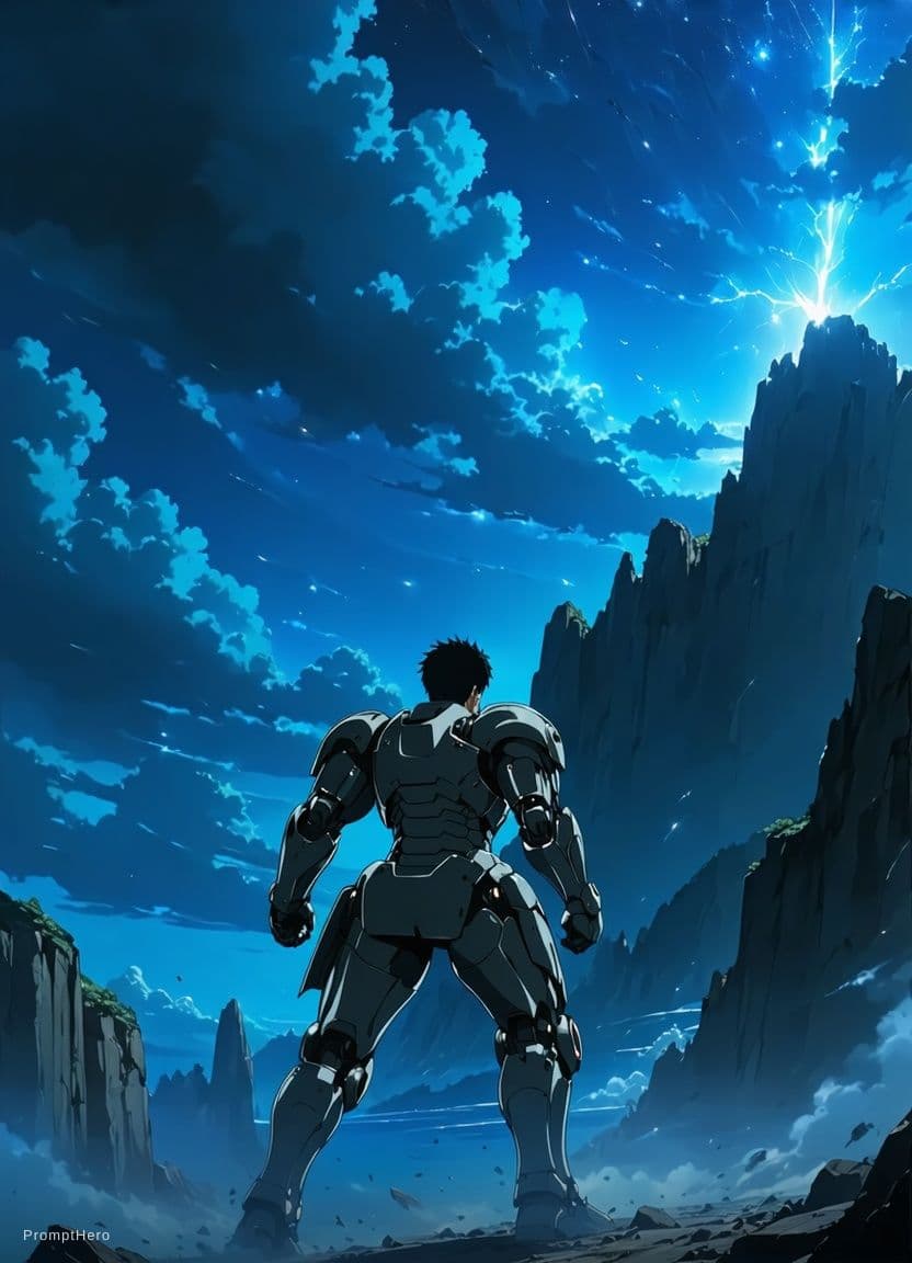 AI generated: masterpiece, cinematic scene, award winning, cinematic angle, Attack on titan, Levi versus armored T...