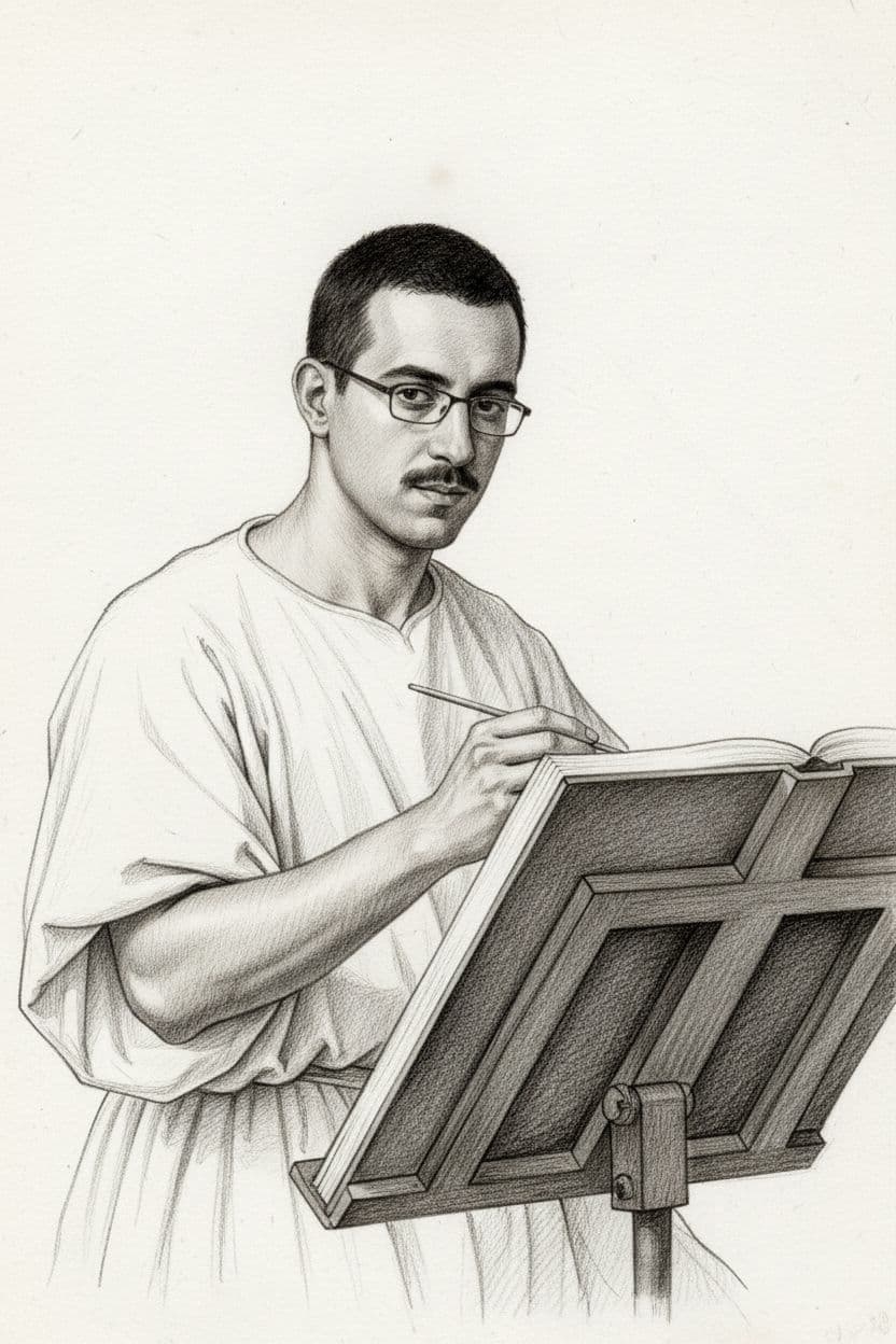 AI generated: young man with mustache and short hair, wearing white tunic, drawing in the style of Da Vinci, black...