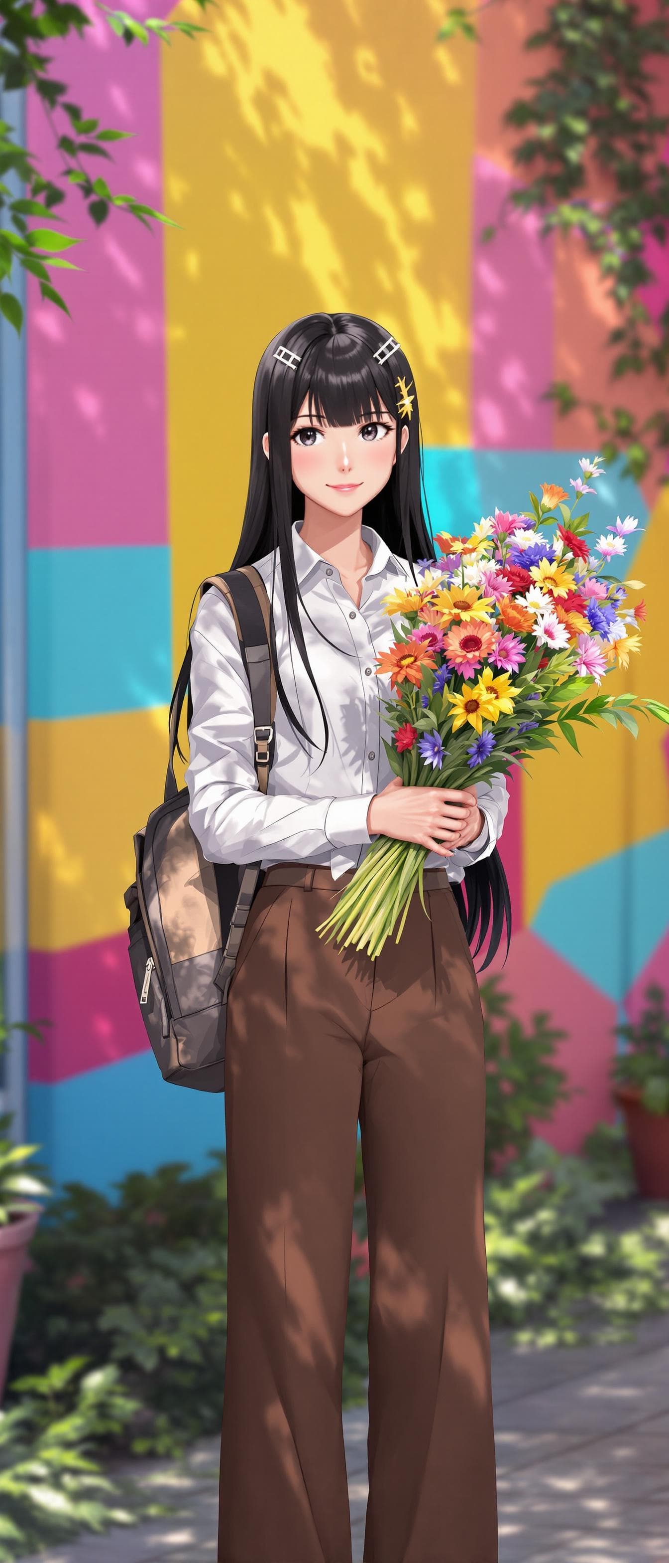 AI generated: In the image, ((full body:1.4)), anime seen standing outdoors, holding a bouquet of flowers. black h...
