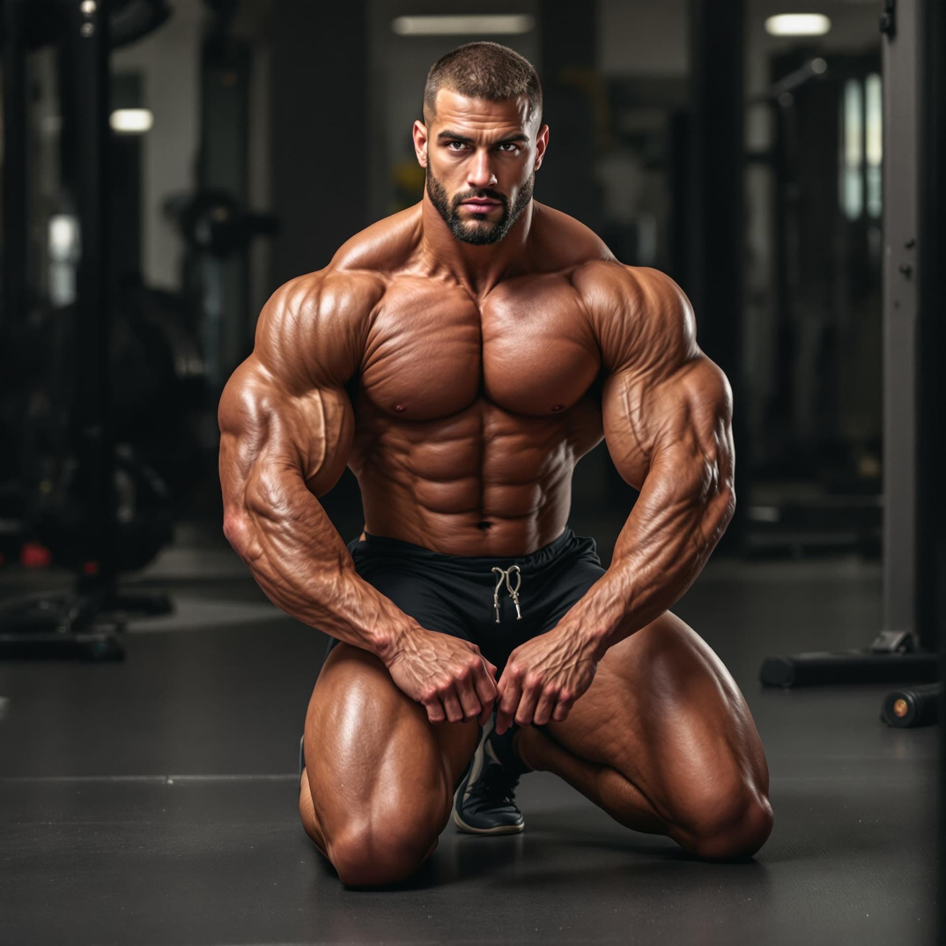AI generated: full view of bodybuilder kneeling in pose while looking at the camera