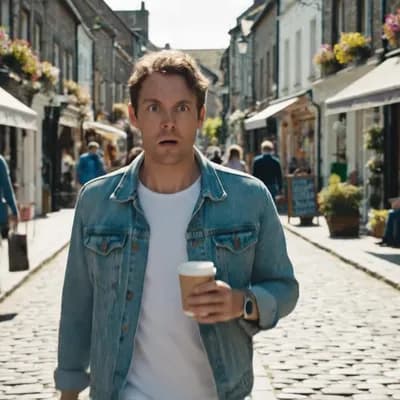 AI generated video: A 10-second hyperrealistic cinematic shot in a quiet sunny European street. A normal man in casual c...