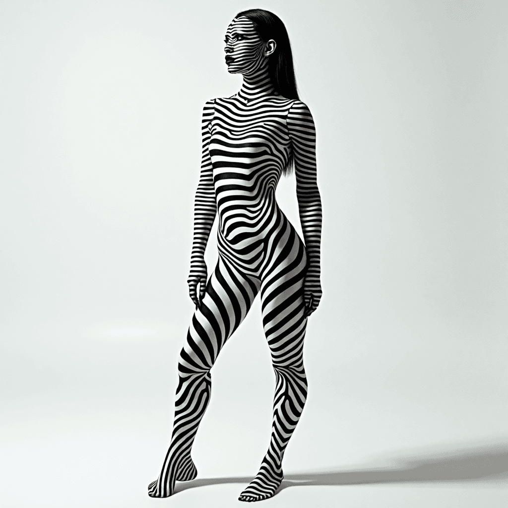 AI generated: In a futuristic studio setting, a model composed entirely of alternating black and white stripes pos...