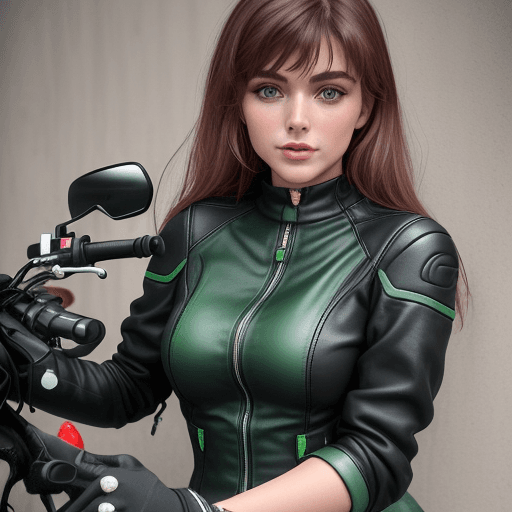 AI generated: O femeie frumoasă, motociclistă, îmbrăcată în verde, cu ochi verzi, brunetă, cu părul lung.Este foar...