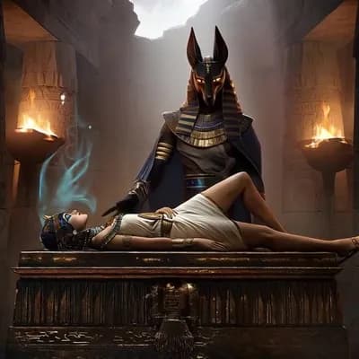 AI generated video: Visual Description:
Inside a dimly lit, ancient Egyptian temple, the god Anubis stands tall and com...