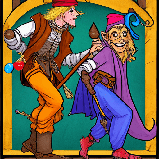 AI generated: comics stylized, medieval fantasy, monkey, skinny, magic flute bard, membrane flaps under his arms, ...