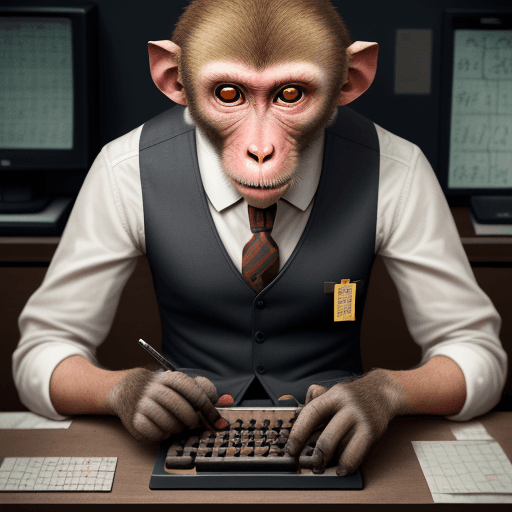 AI generated: Anthropomorphic Rhesus macaque, doing calculations with a Hispano Olivetti Model Multisuma 20 calcul...