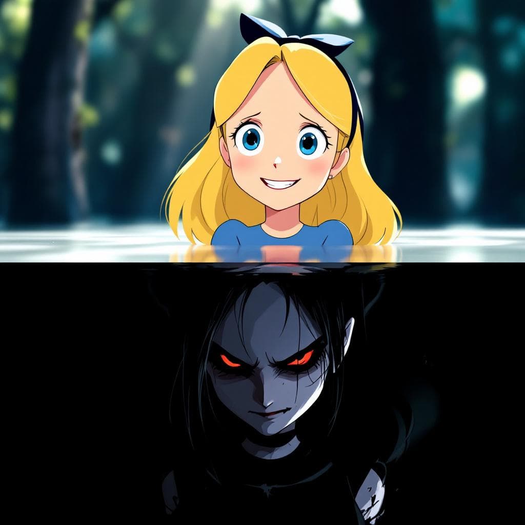 AI generated: Sharp contrast, top: Alice from 'Alice in Wonderland', bright, clean, cel-shaded anime style, big ey...